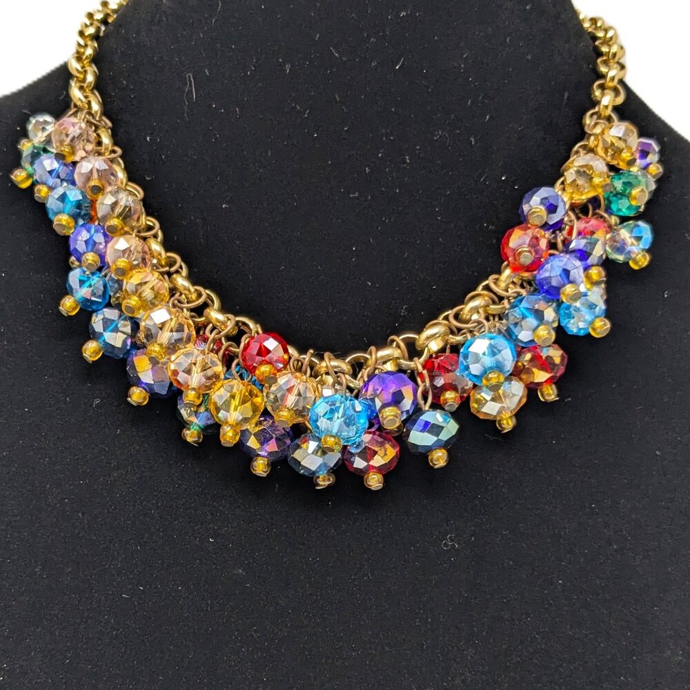 Aurora Borealis Faceted Crystal Bead Bib Statement Necklace Cha Cha 18 in